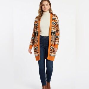 Serra Aztec Southwestern Geometric Open Front Cardigan Orange Black XL